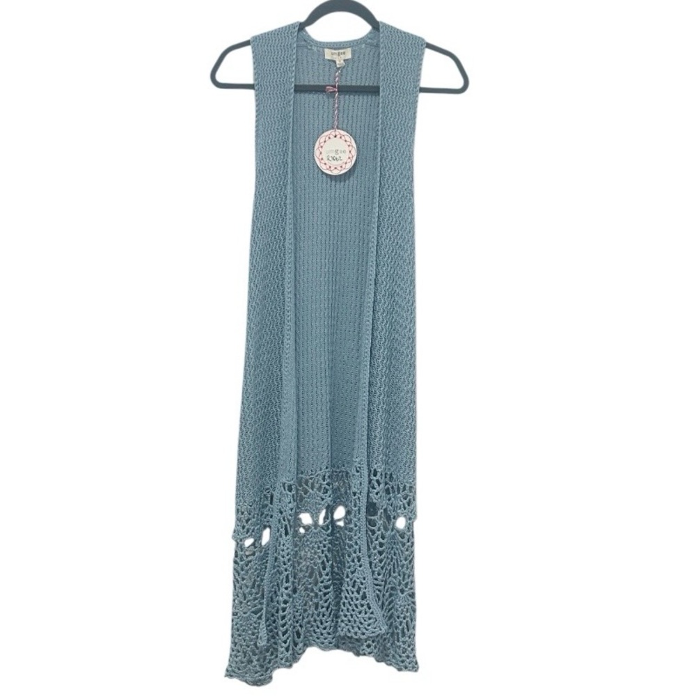 Umgee Dusty Blue Open-Front Crochet Knit Longline Boho Cardigan Womens S NWT
